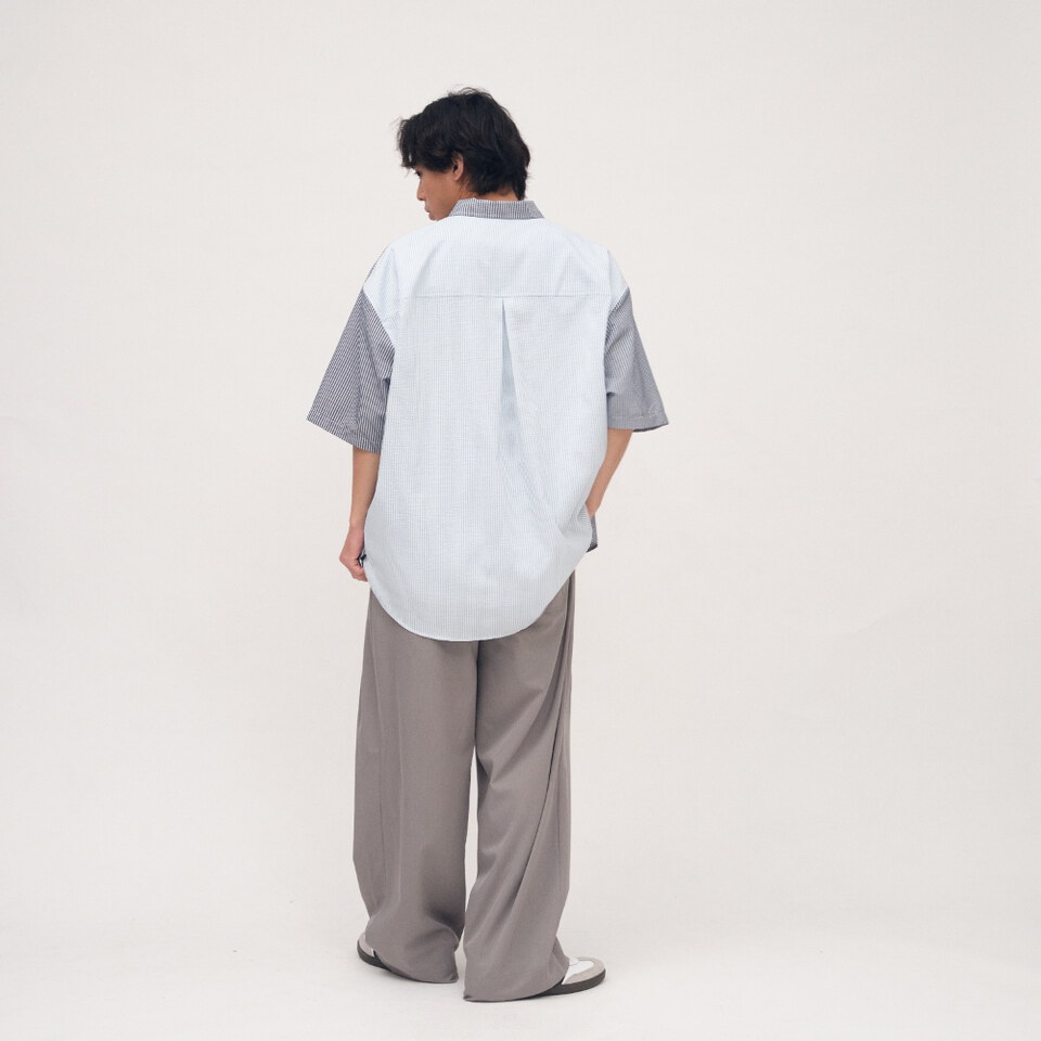 泡泡紗拼接條紋襯衫