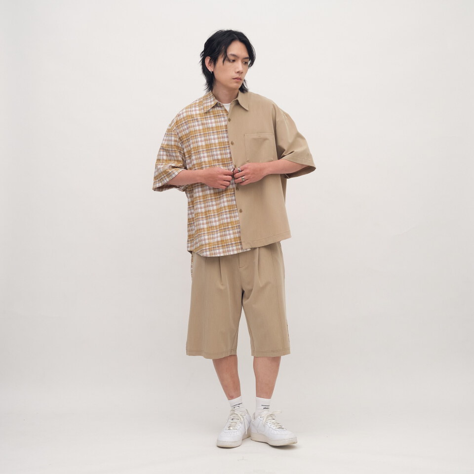 格紋拼接短袖襯衫