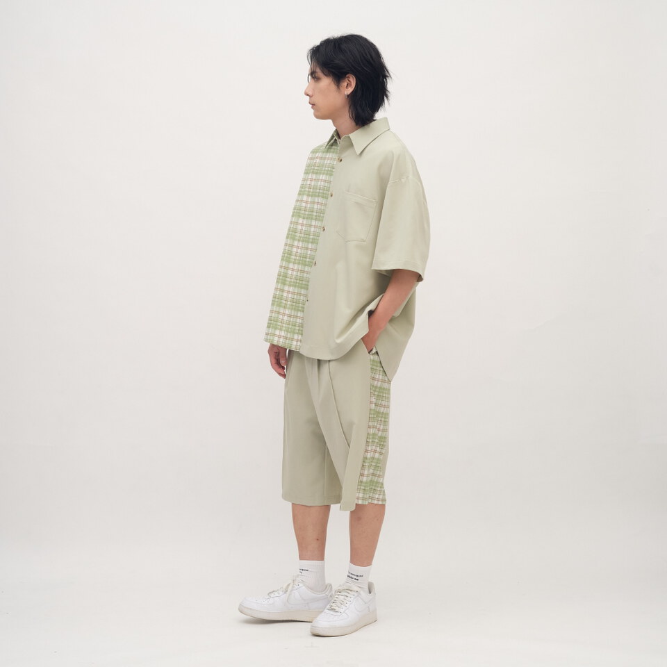 格紋拼接短袖襯衫