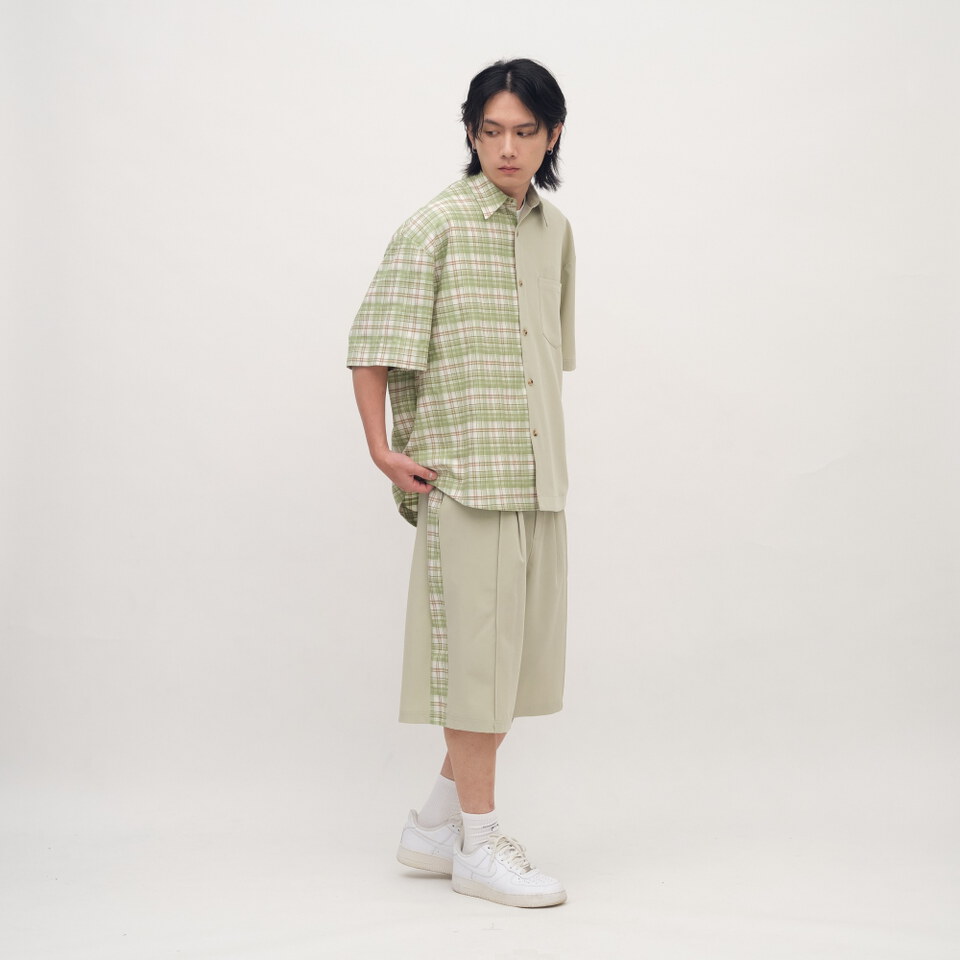 格紋拼接短袖襯衫