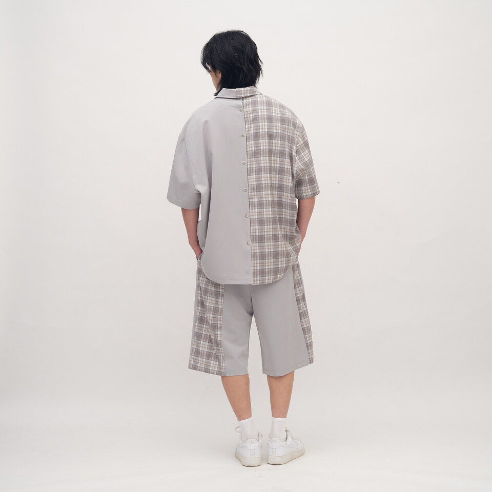 格紋拼接短袖襯衫
