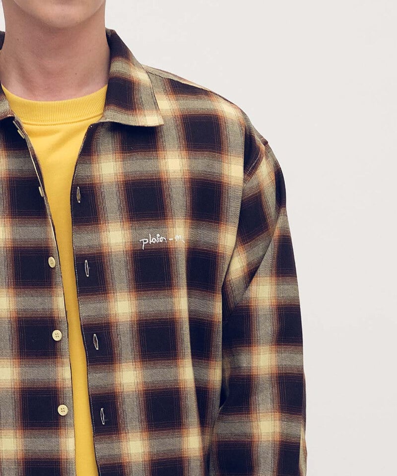 開領刺繡格紋長袖襯衫