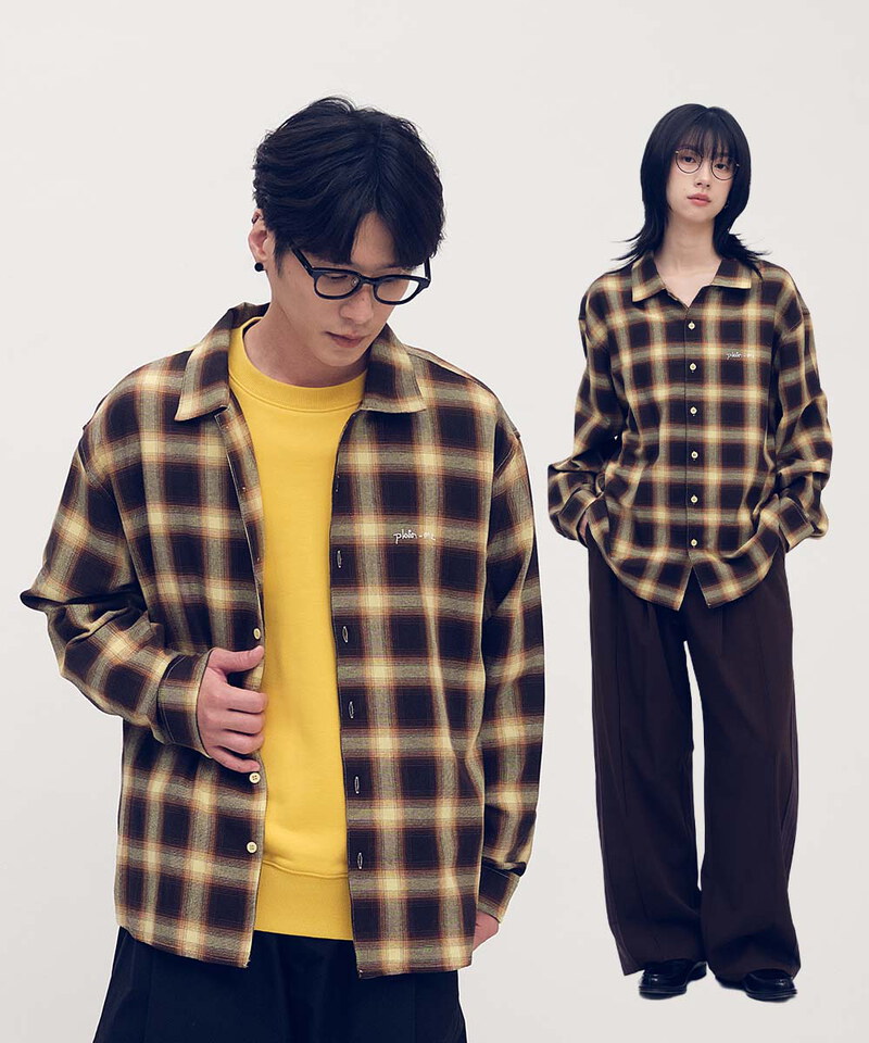 PLN3376 開領刺繡格紋長袖襯衫