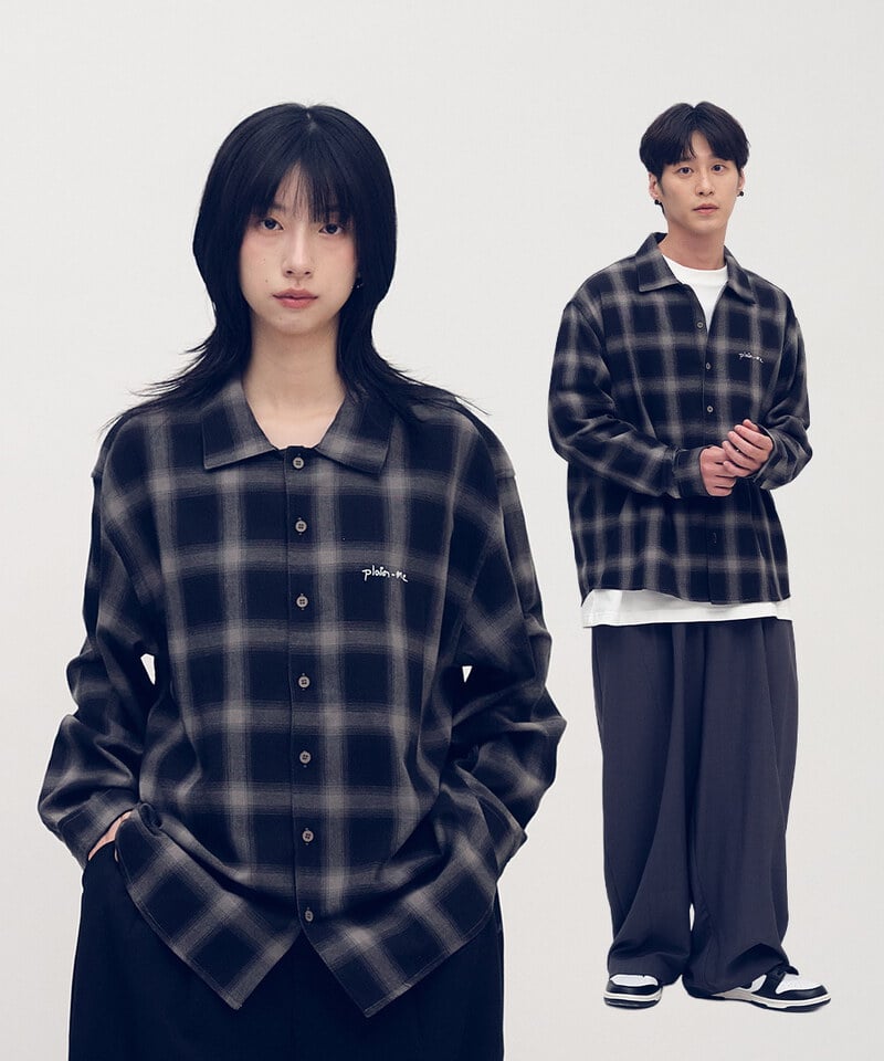 開領刺繡格紋長袖襯衫