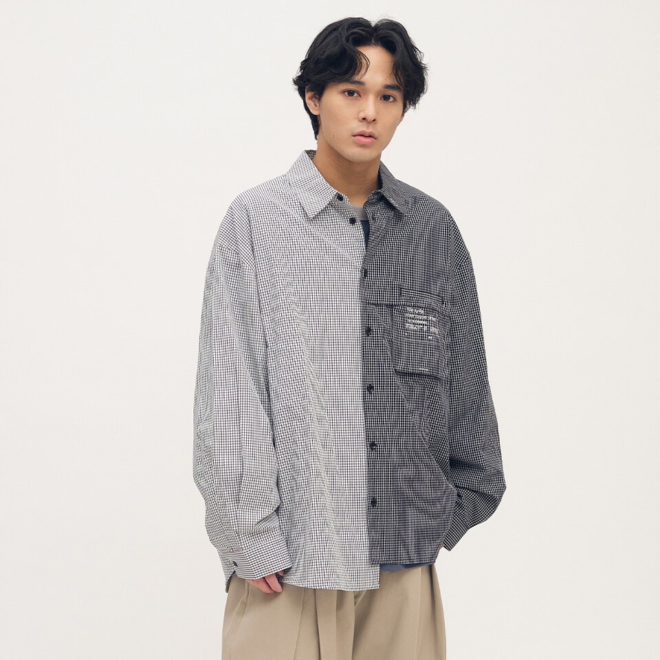 PLN3379-252 clip by clip 方格紙拼接襯衫