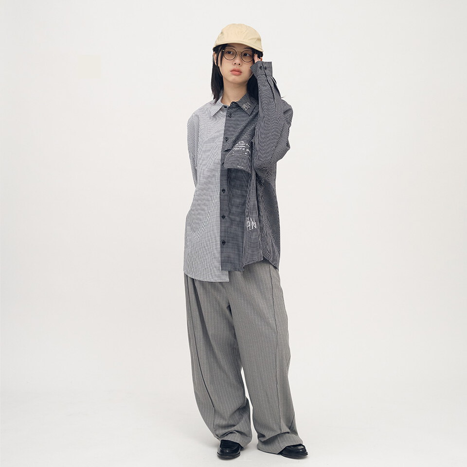 PLN3379-252 clip by clip 方格紙拼接襯衫