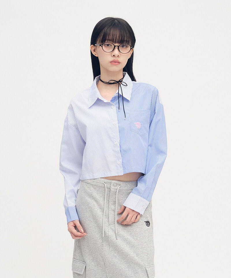 PLN3381-252 小P社長短版拼接條紋襯衫