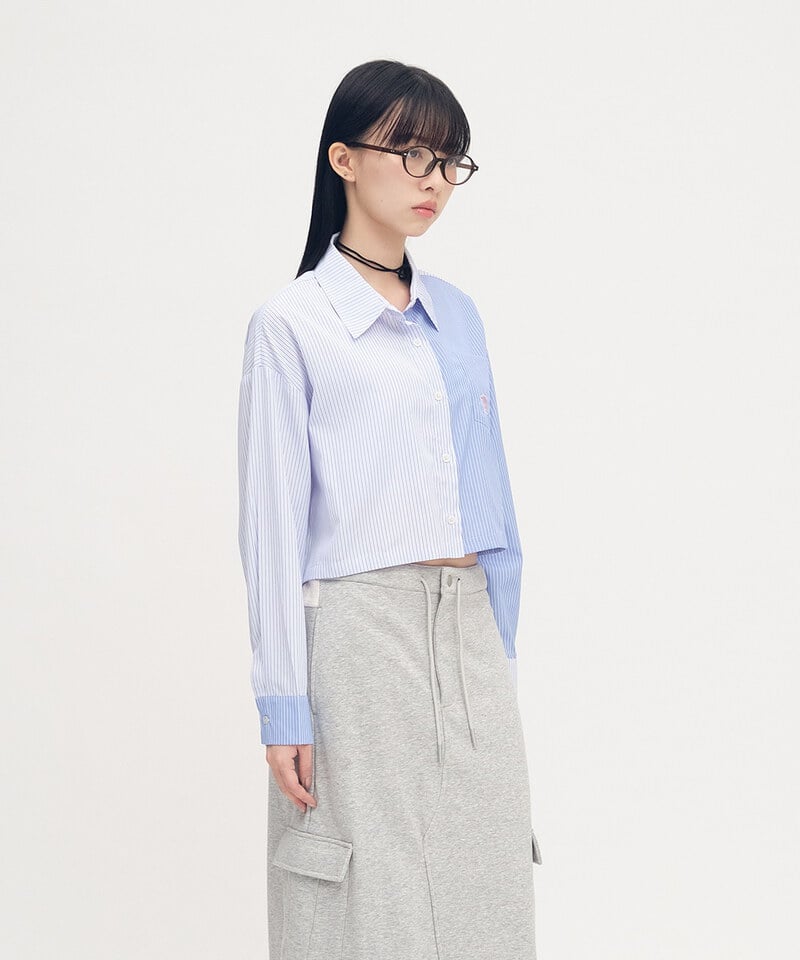 PLN3381-252 小P社長短版拼接條紋襯衫