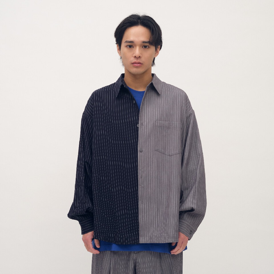 PLN3388-261 西料拼接條紋可拆襯衫