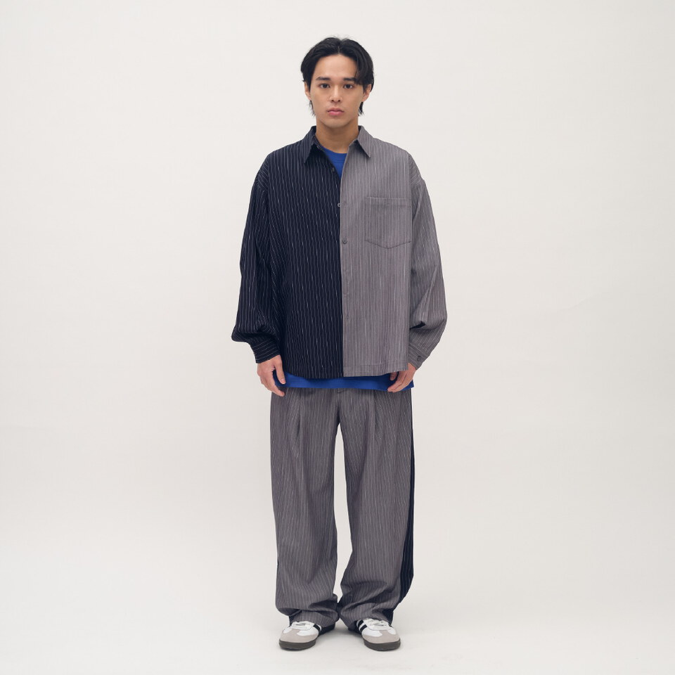 西料拼接條紋可拆襯衫