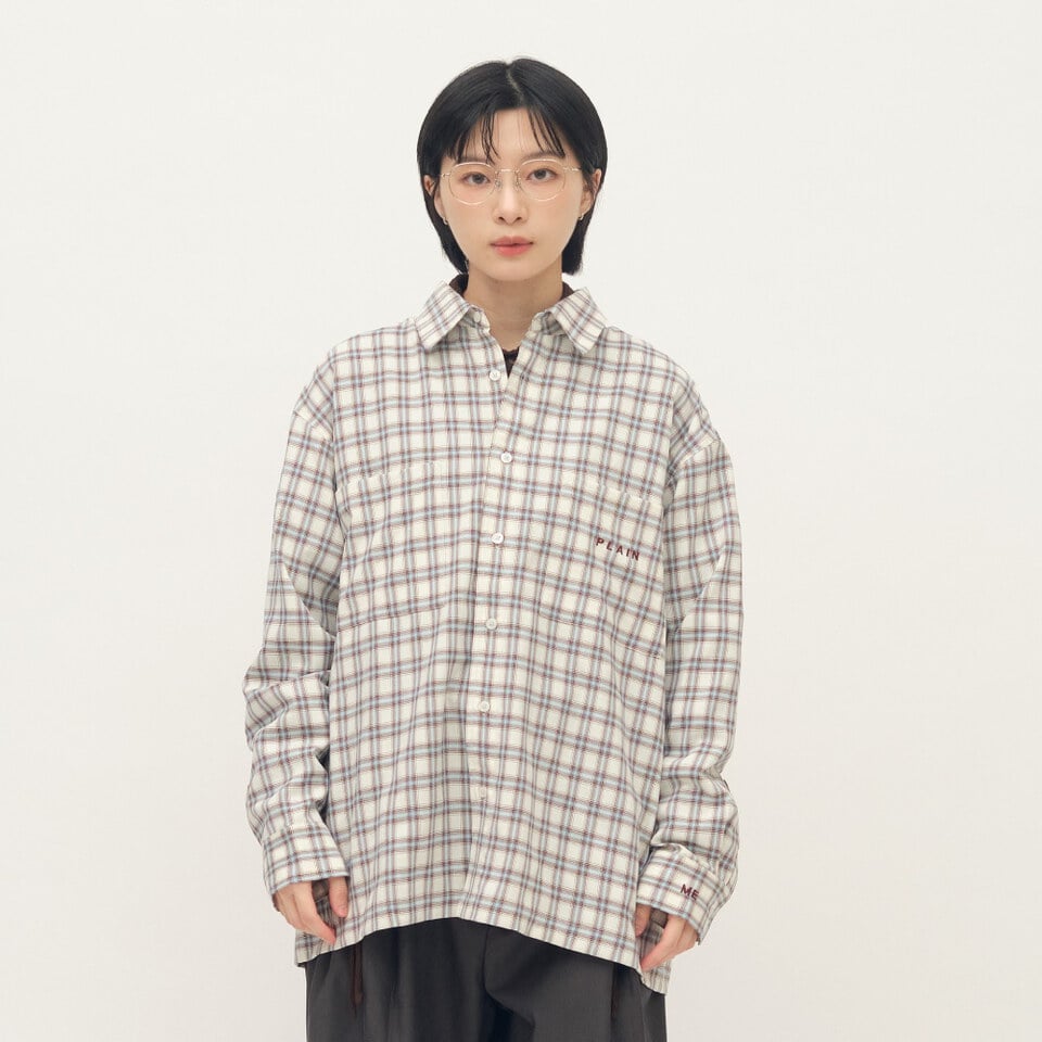 PLN3389-261 PLAIN刺繡格紋口袋襯衫