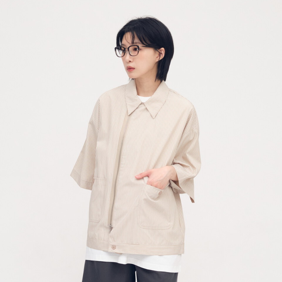 寬鬆條紋拉鍊襯衫