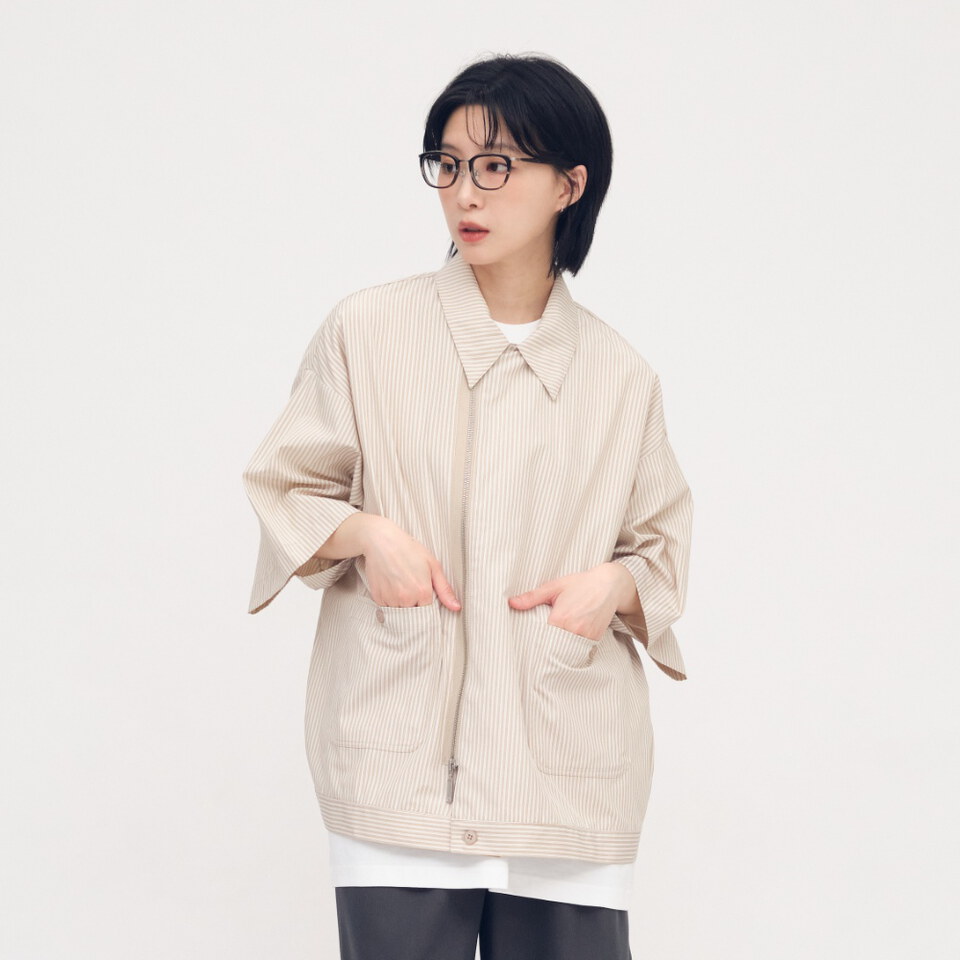 寬鬆條紋拉鍊襯衫