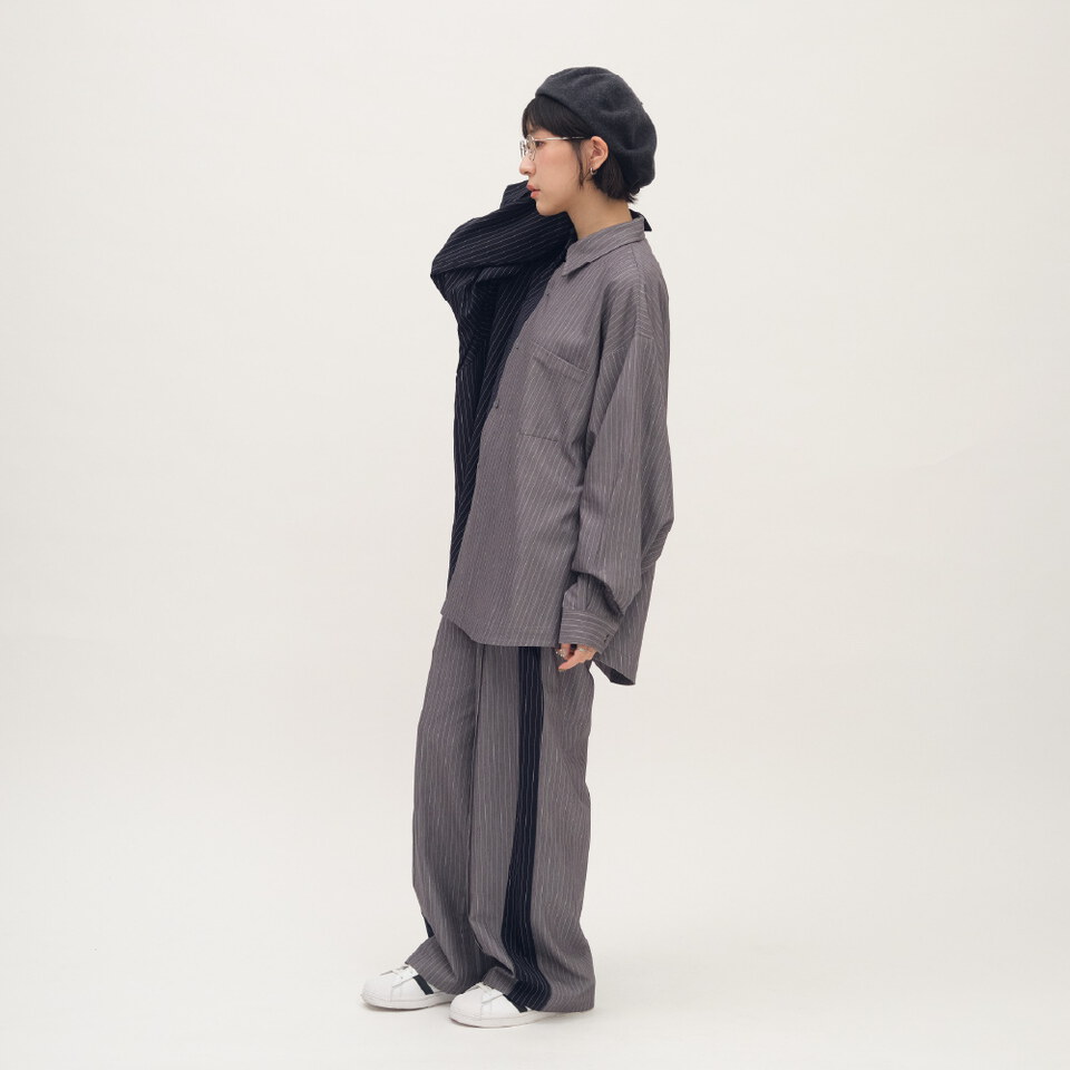 西料條紋拼接落地長褲