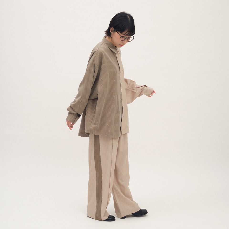 西料條紋拼接落地長褲