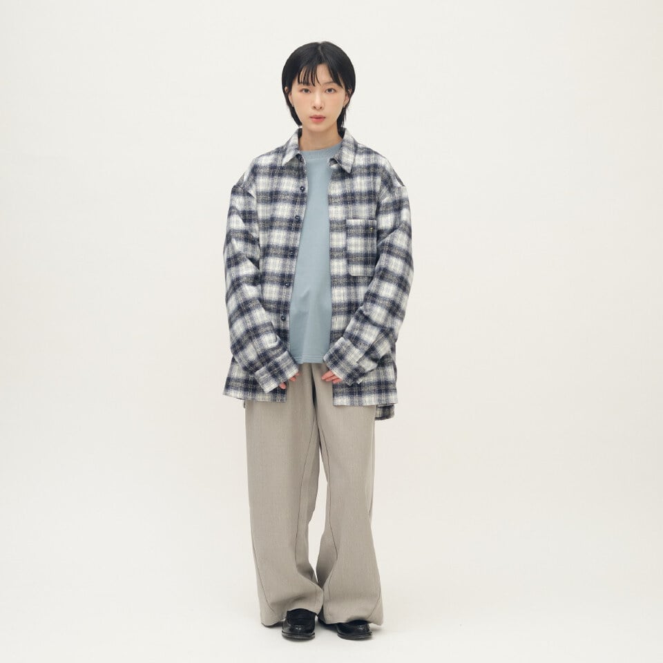 Timelly毛料流線落地長褲