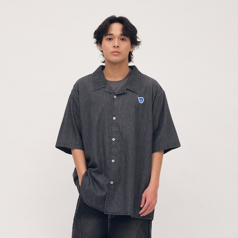 小P社長丹寧開領短袖襯衫
