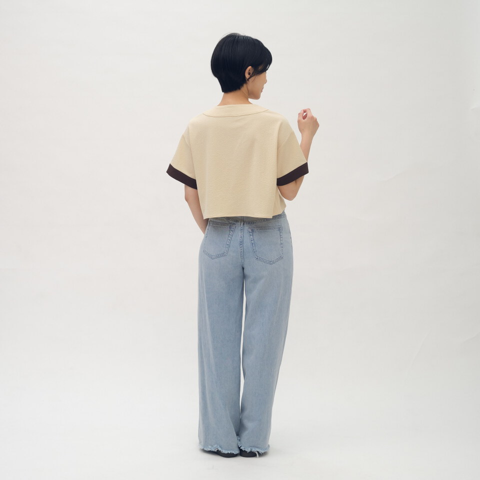 小P社長短版泡泡紗拼接棒球襯衫