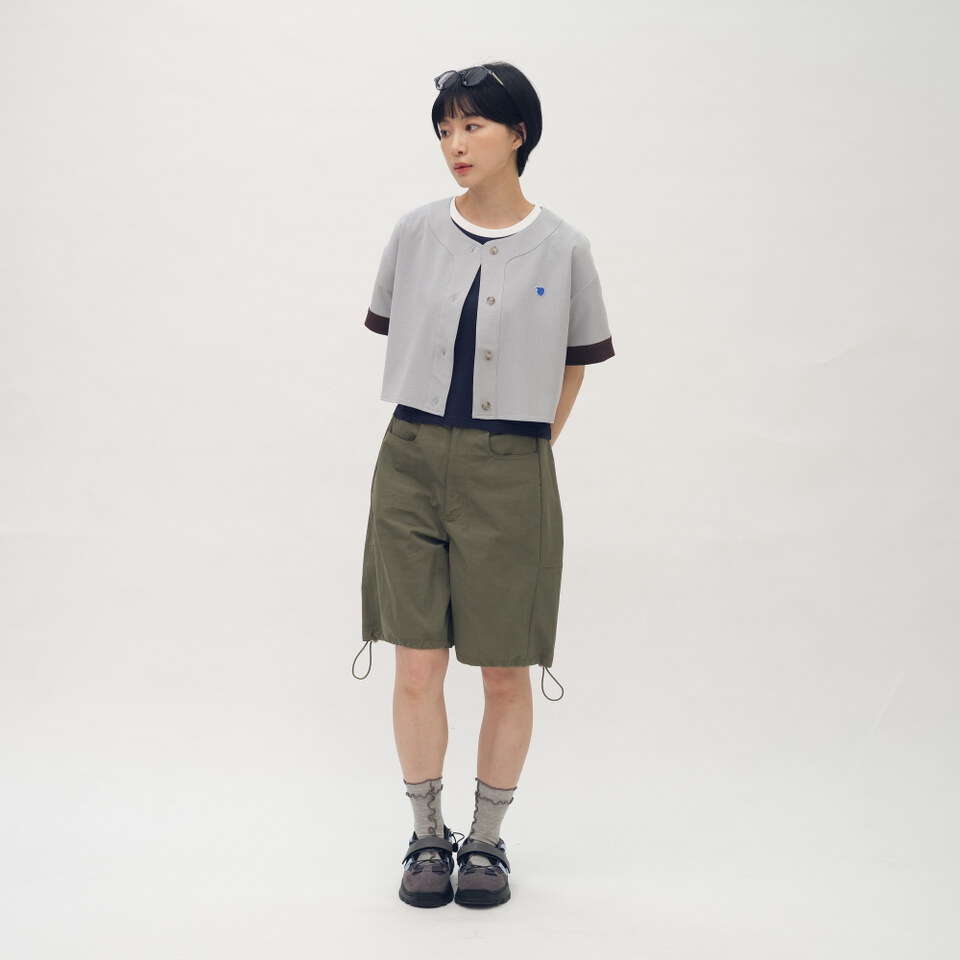 小P社長短版泡泡紗拼接棒球襯衫