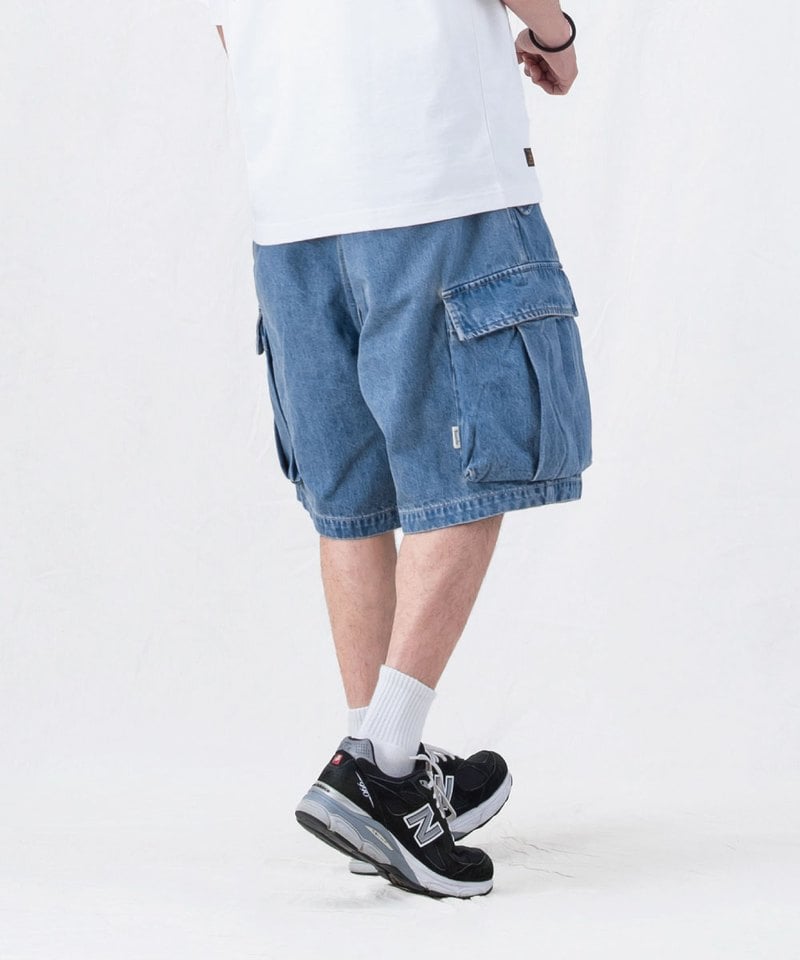 水洗牛仔雙摺軍短褲 washed double-pleated cargo shorts