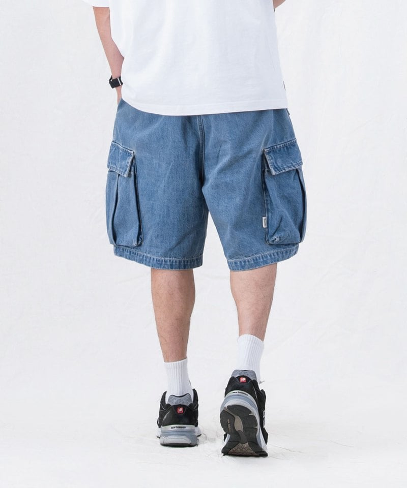水洗牛仔雙摺軍短褲 washed double-pleated cargo shorts