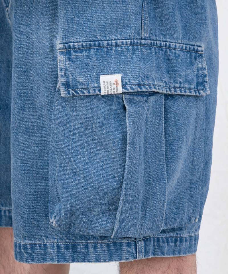 水洗牛仔雙摺軍短褲 washed double-pleated cargo shorts