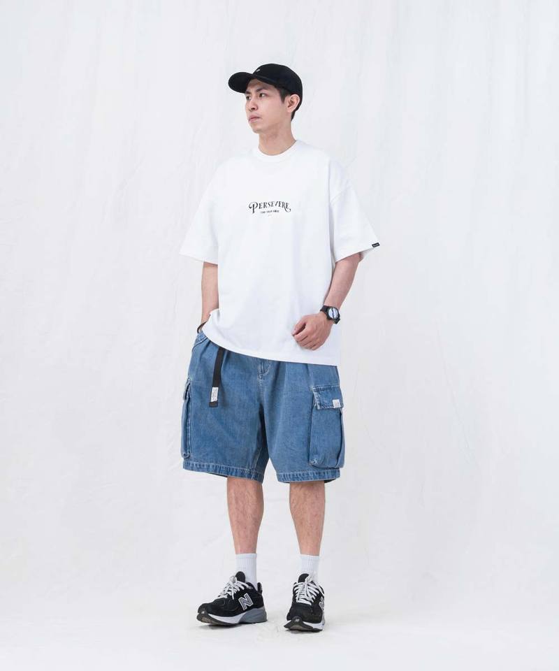 水洗牛仔雙摺軍短褲 washed double-pleated cargo shorts