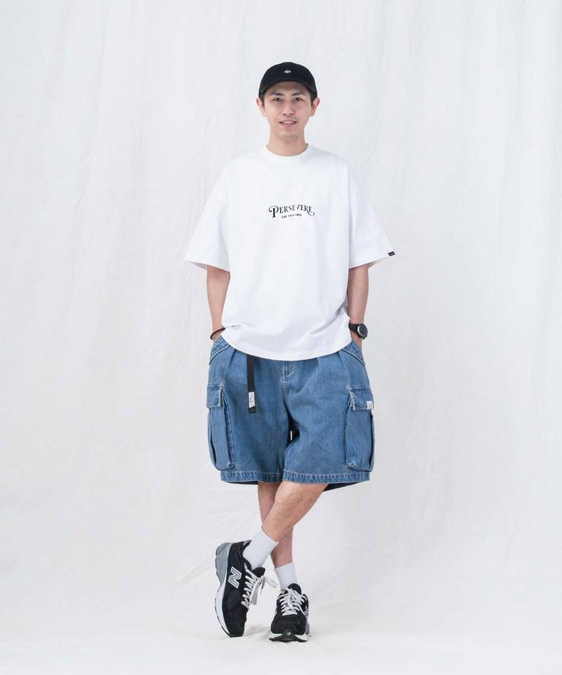 水洗牛仔雙摺軍短褲 washed double-pleated cargo shorts