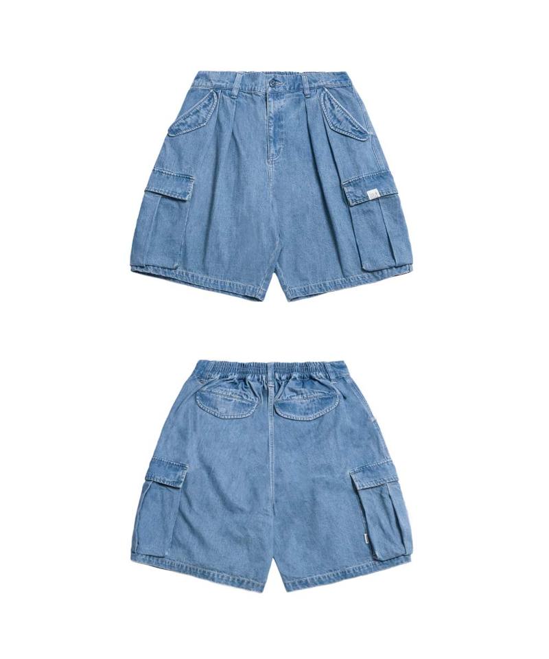 水洗牛仔雙摺軍短褲 washed double-pleated cargo shorts