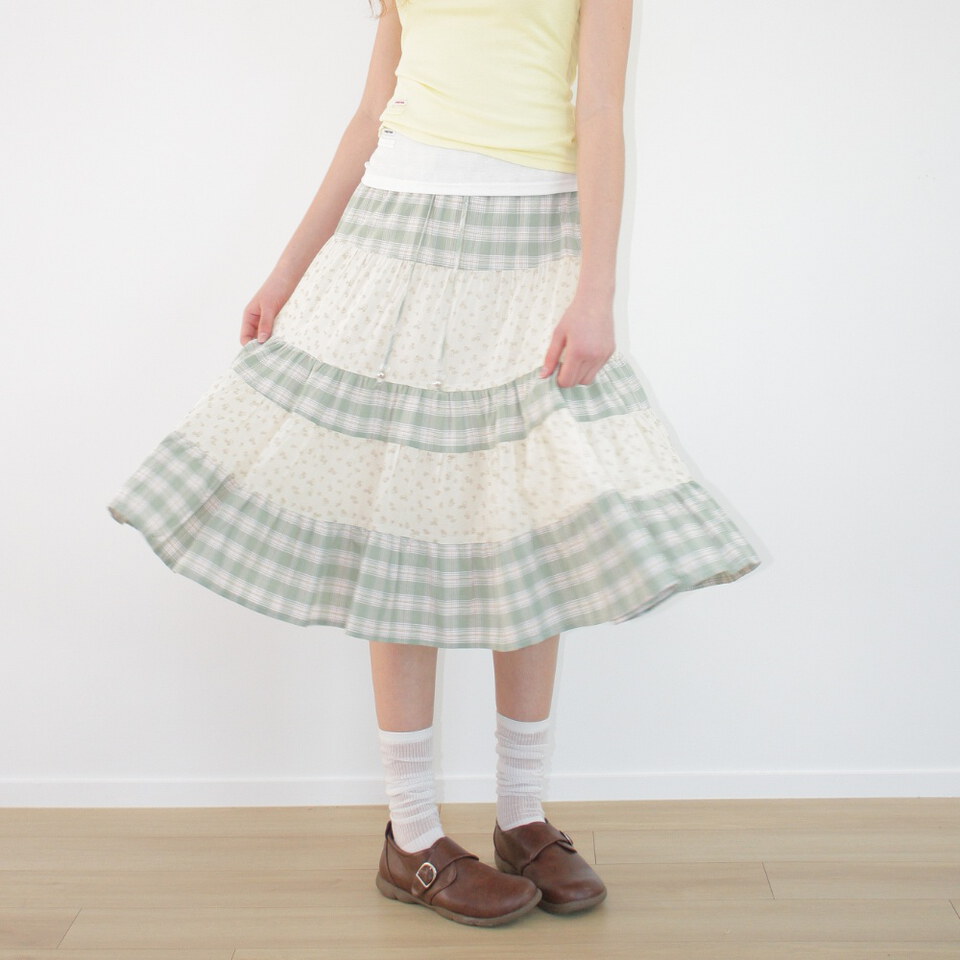 拼接中長裙 FLORAL CHECK PATCHWORK MID SKIRT