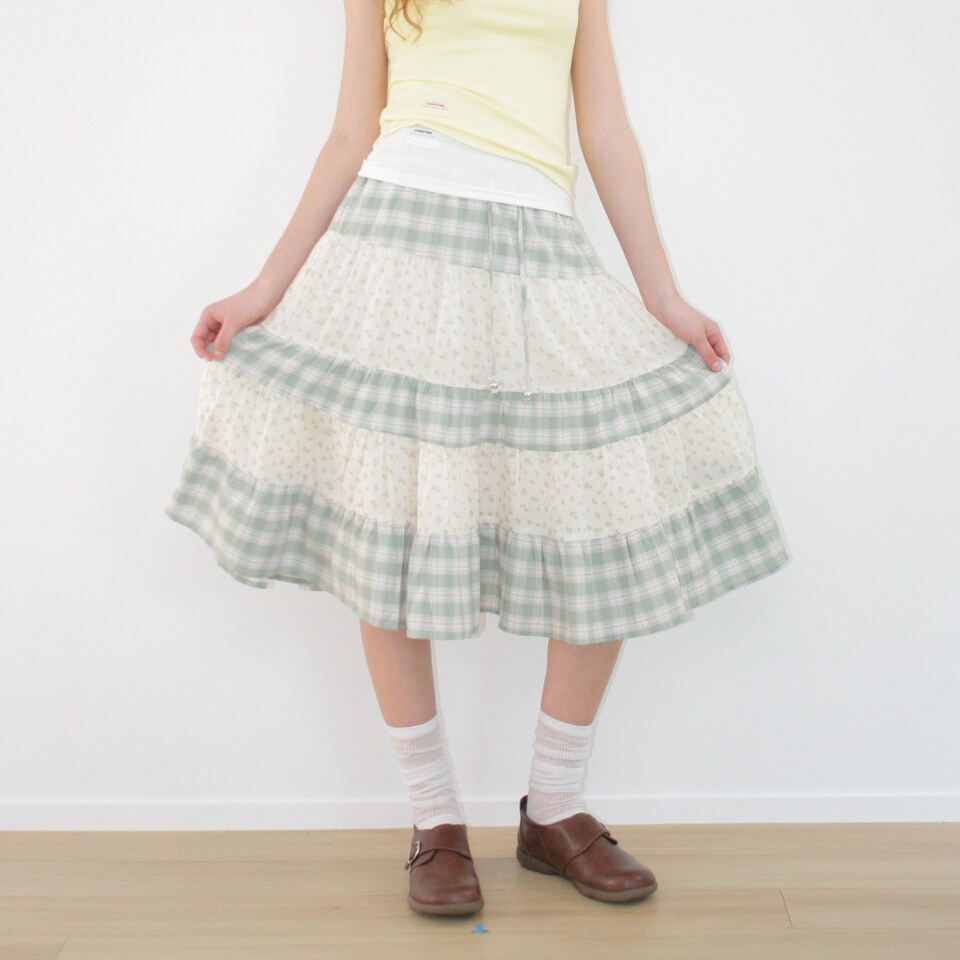 RON4001-262 拼接中長裙 FLORAL CHECK PATCHWORK MID SKIRT