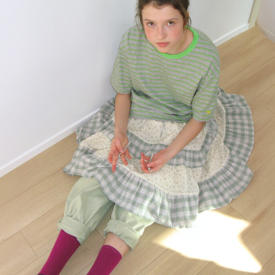 RON4001-262 拼接中長裙 FLORAL CHECK PATCHWORK MID SKIRT