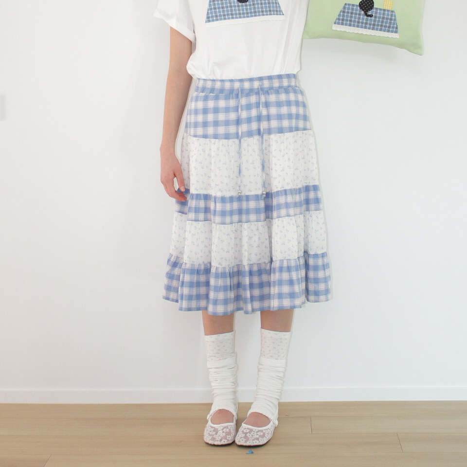 RON4001-262 拼接中長裙 FLORAL CHECK PATCHWORK MID SKIRT
