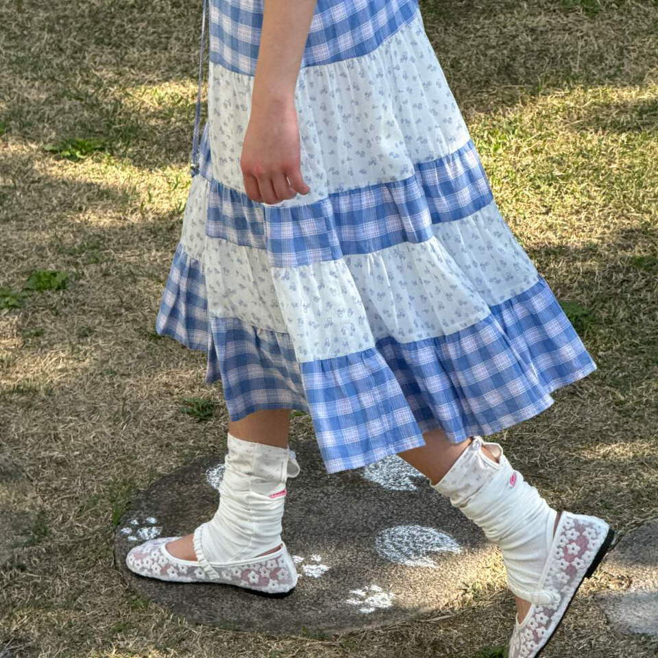 RON4001-262 拼接中長裙 FLORAL CHECK PATCHWORK MID SKIRT