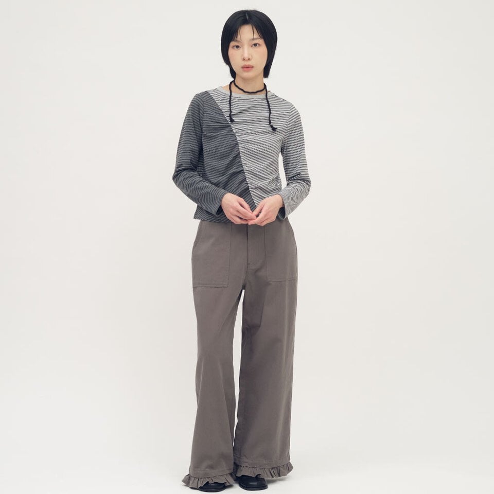 條紋拼接細褶上衣