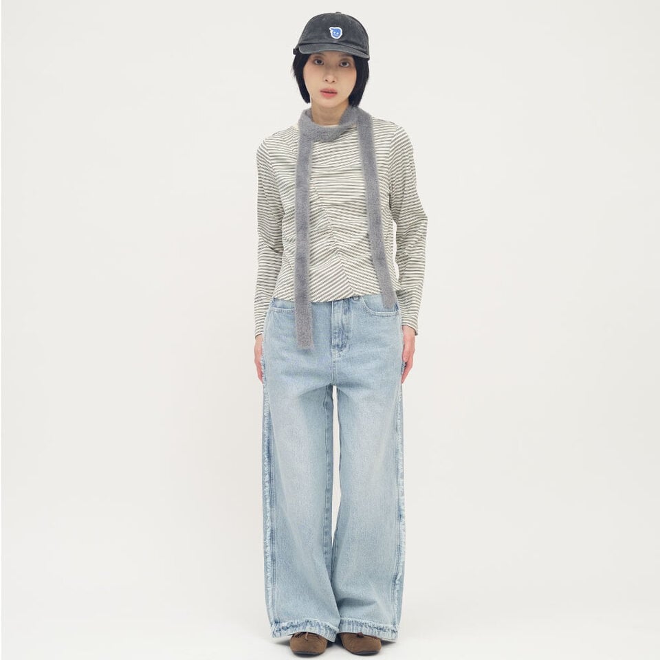 條紋拼接細褶上衣