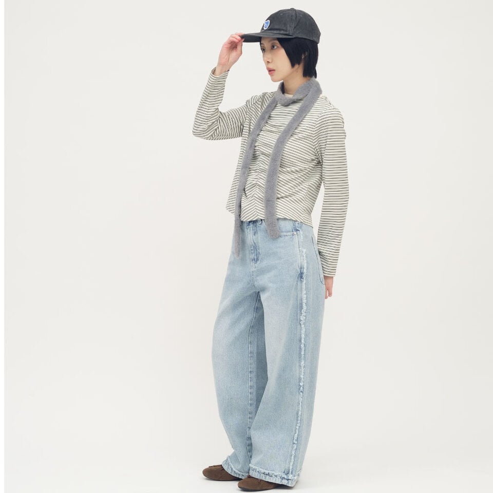 條紋拼接細褶上衣