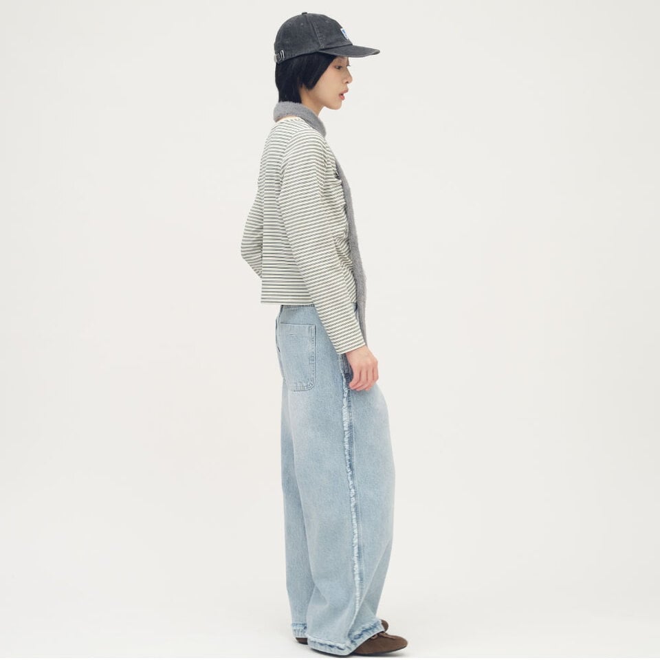 條紋拼接細褶上衣