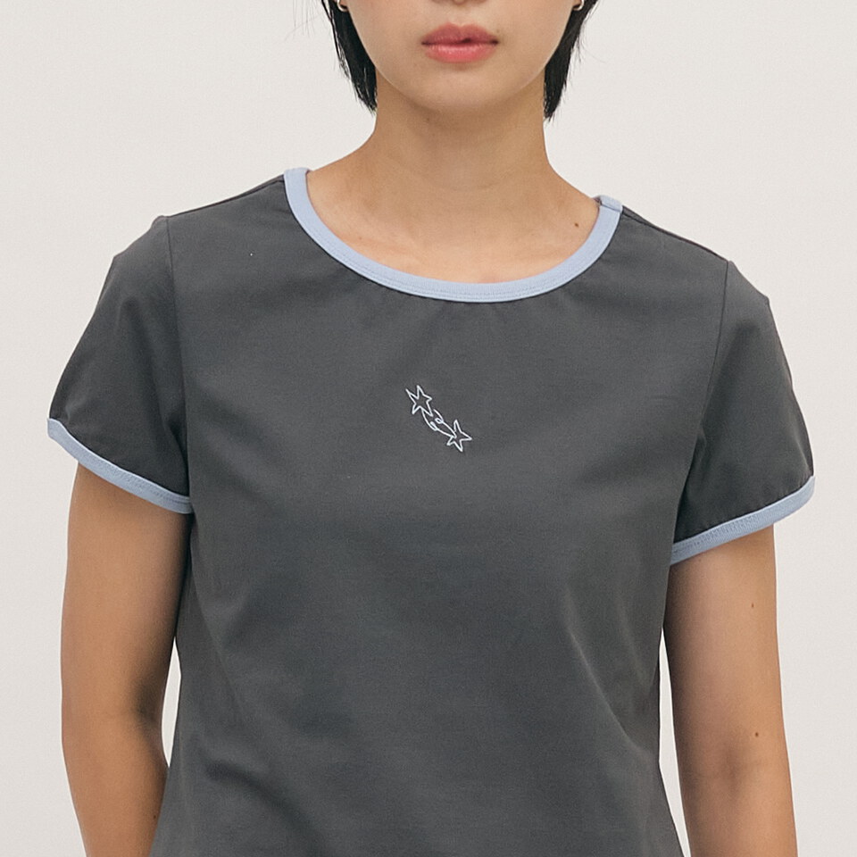 流星刺繡拼接合肩TEE