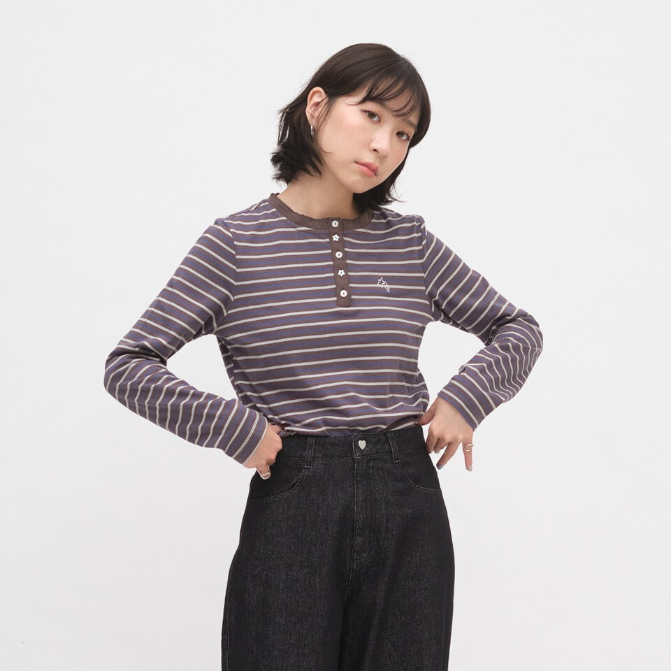 小花邊半開襟條紋TEE