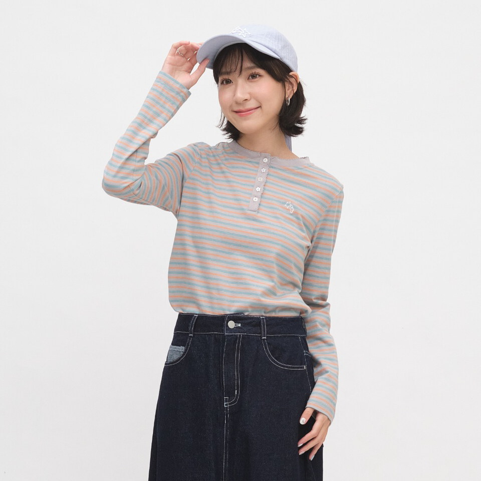 SAA0055-262 小花邊半開襟條紋TEE