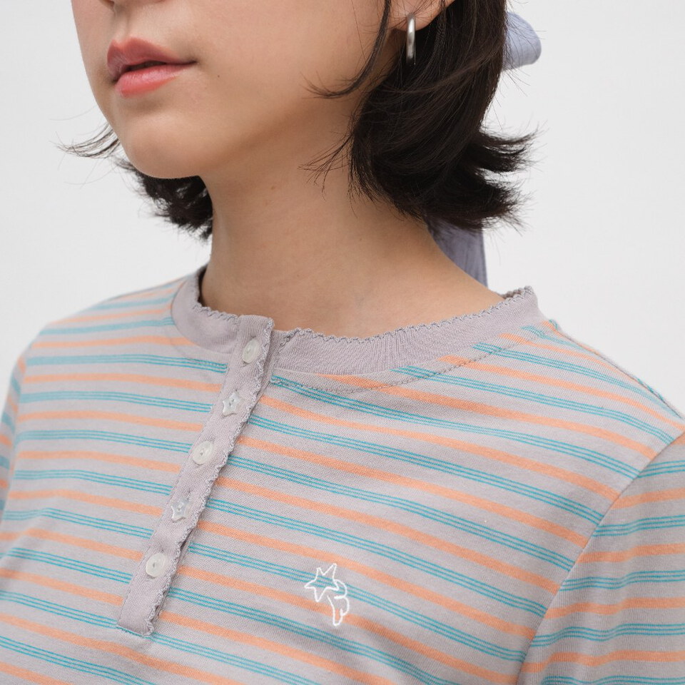 小花邊半開襟條紋TEE