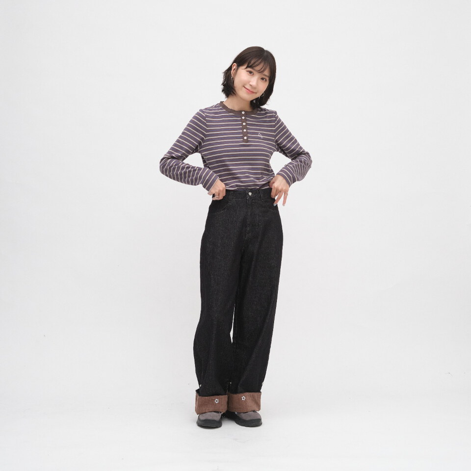 小花邊半開襟條紋TEE