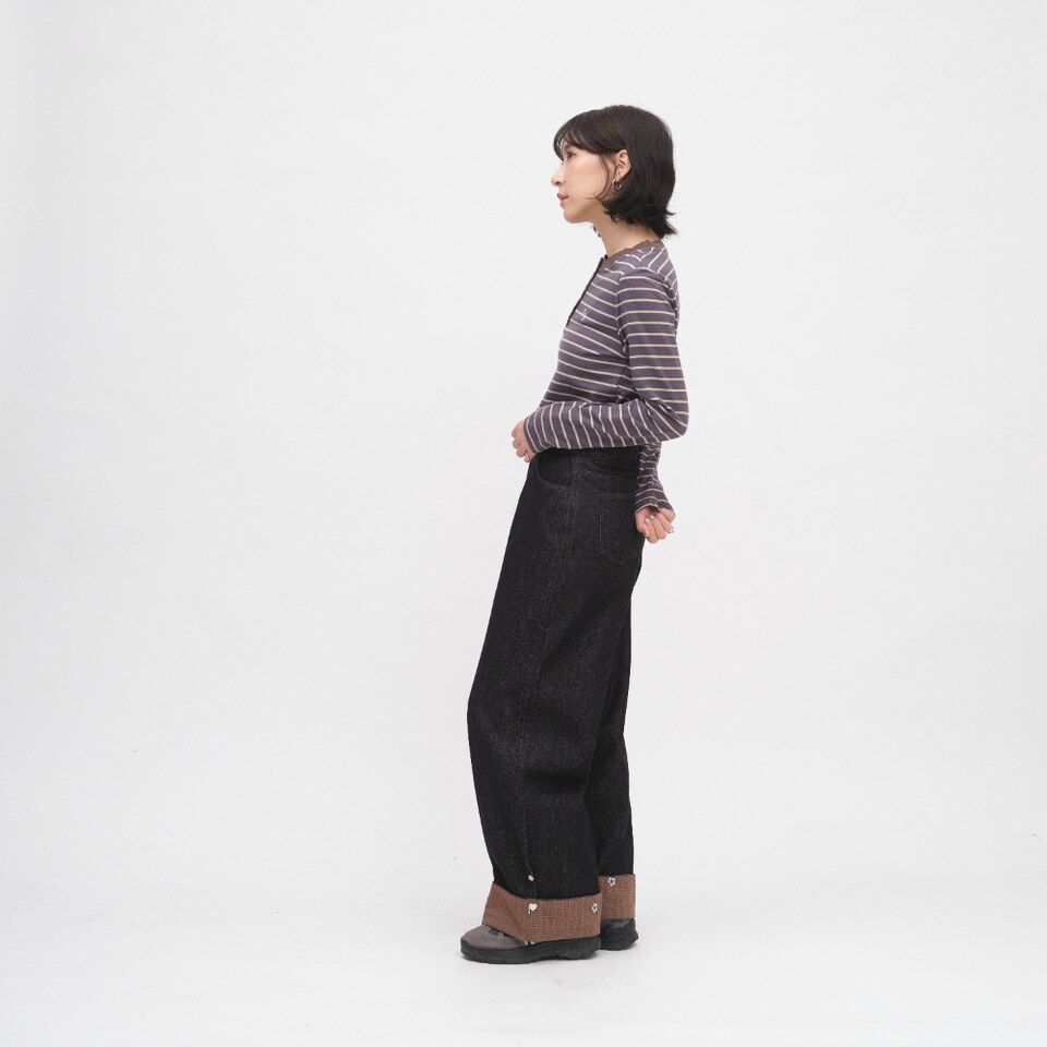 小花邊半開襟條紋TEE