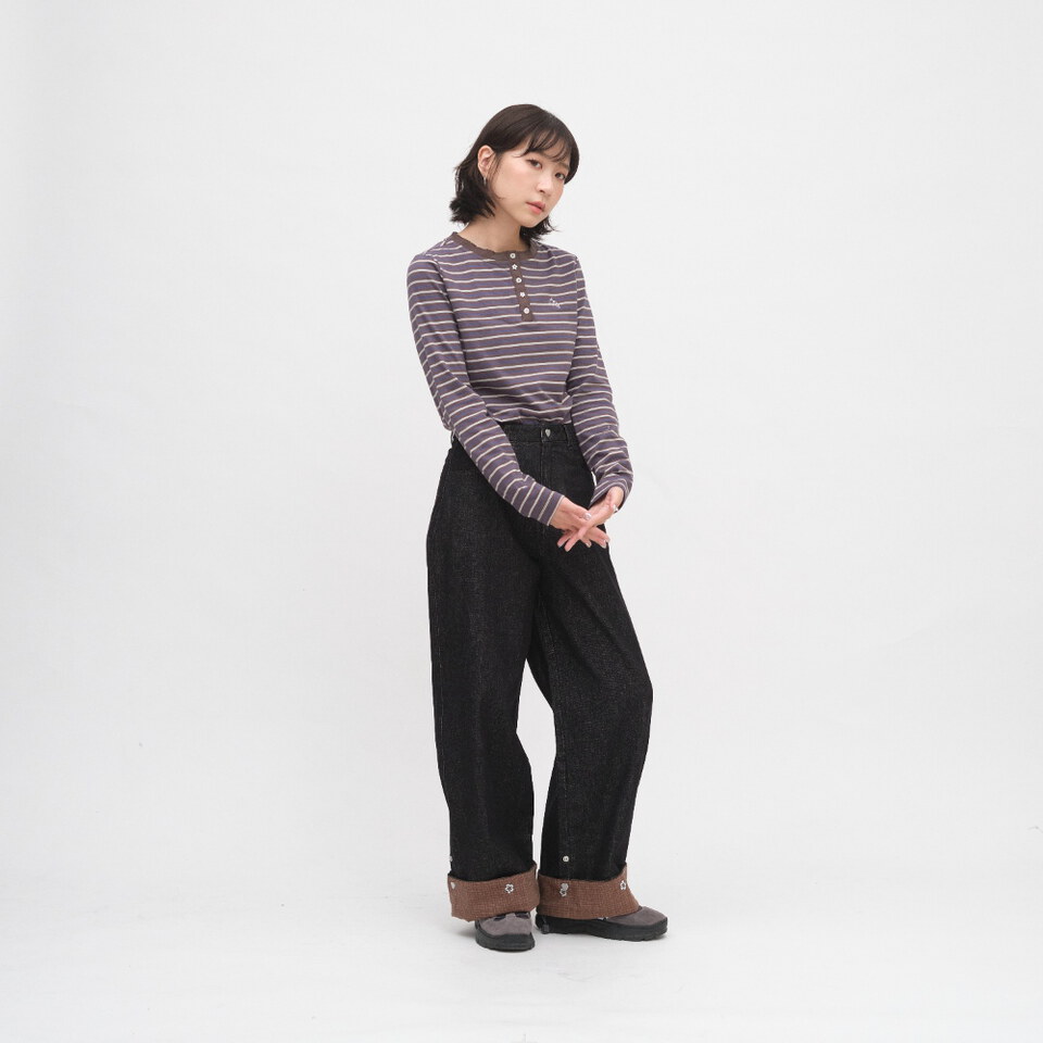 小花邊半開襟條紋TEE