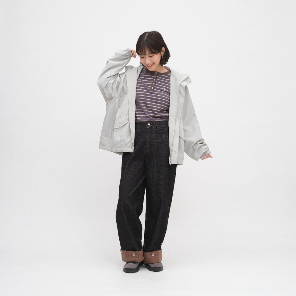小花邊半開襟條紋TEE