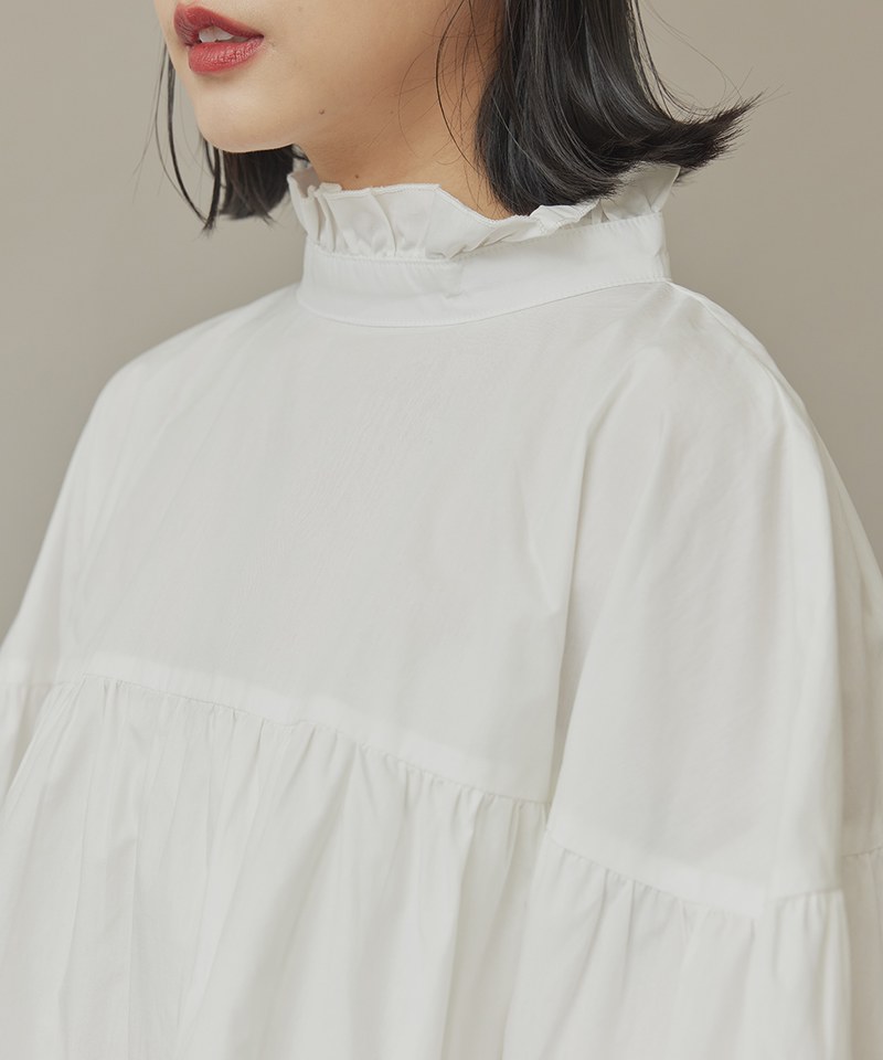 蓬袖花邊立領襯衫