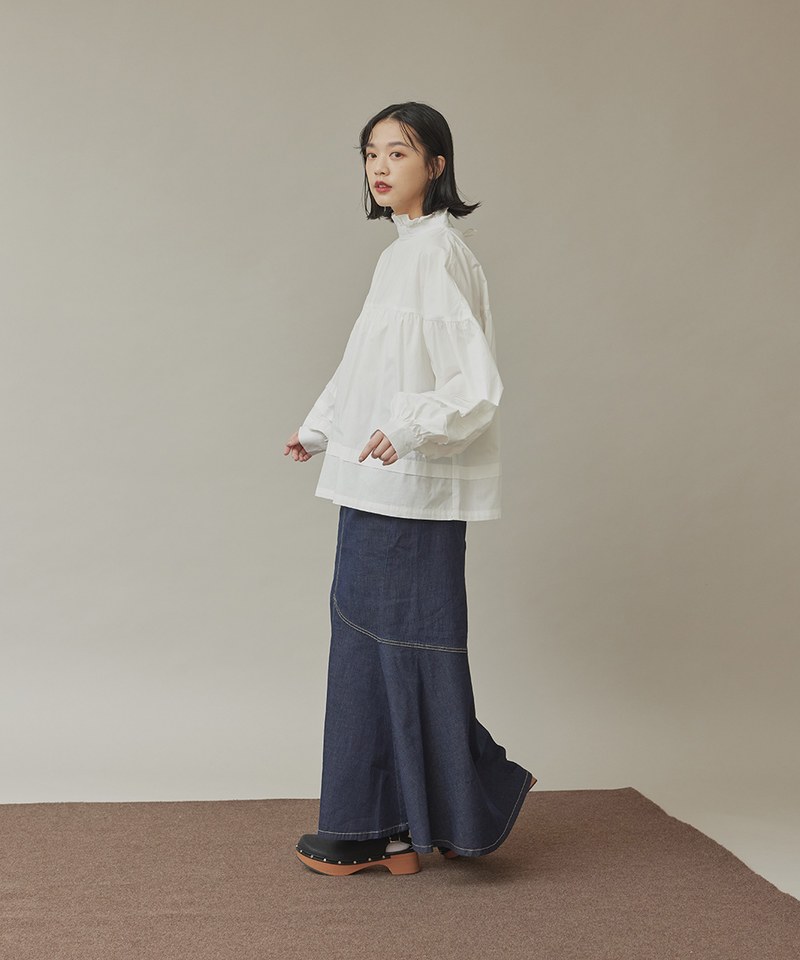 蓬袖花邊立領襯衫