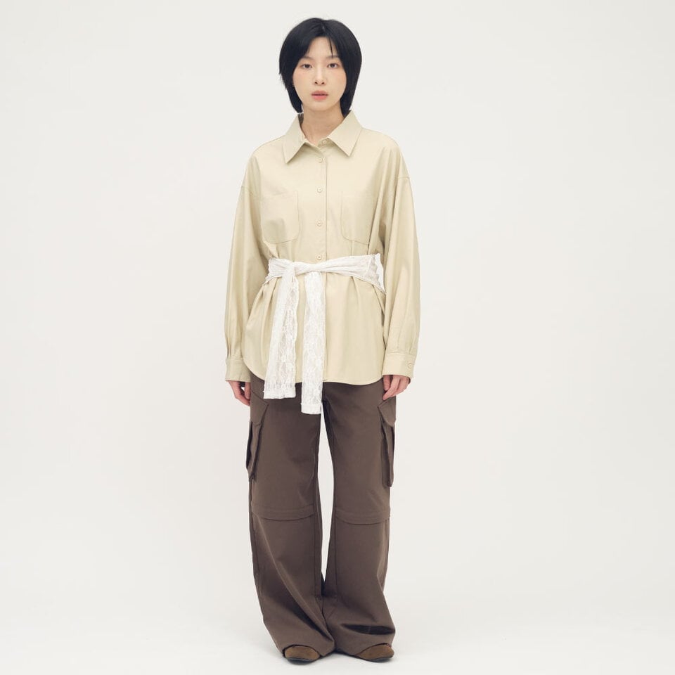 皮感大口袋襯衫