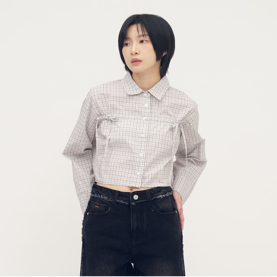 抽繩寬袖短版襯衫